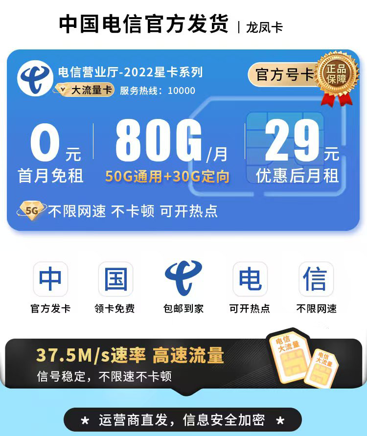 电信龙凤卡29元80G流量+可选号