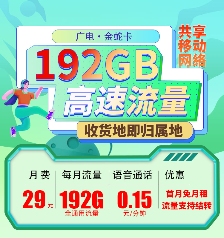 广电金蛇卡29元192G通用流量